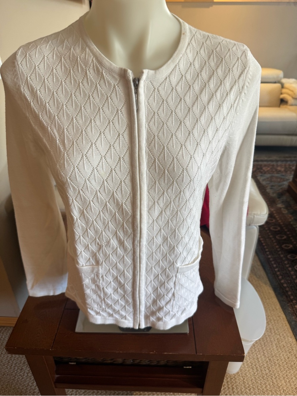 Alia Cream Zip-Front Diamond-Textured Cardigan